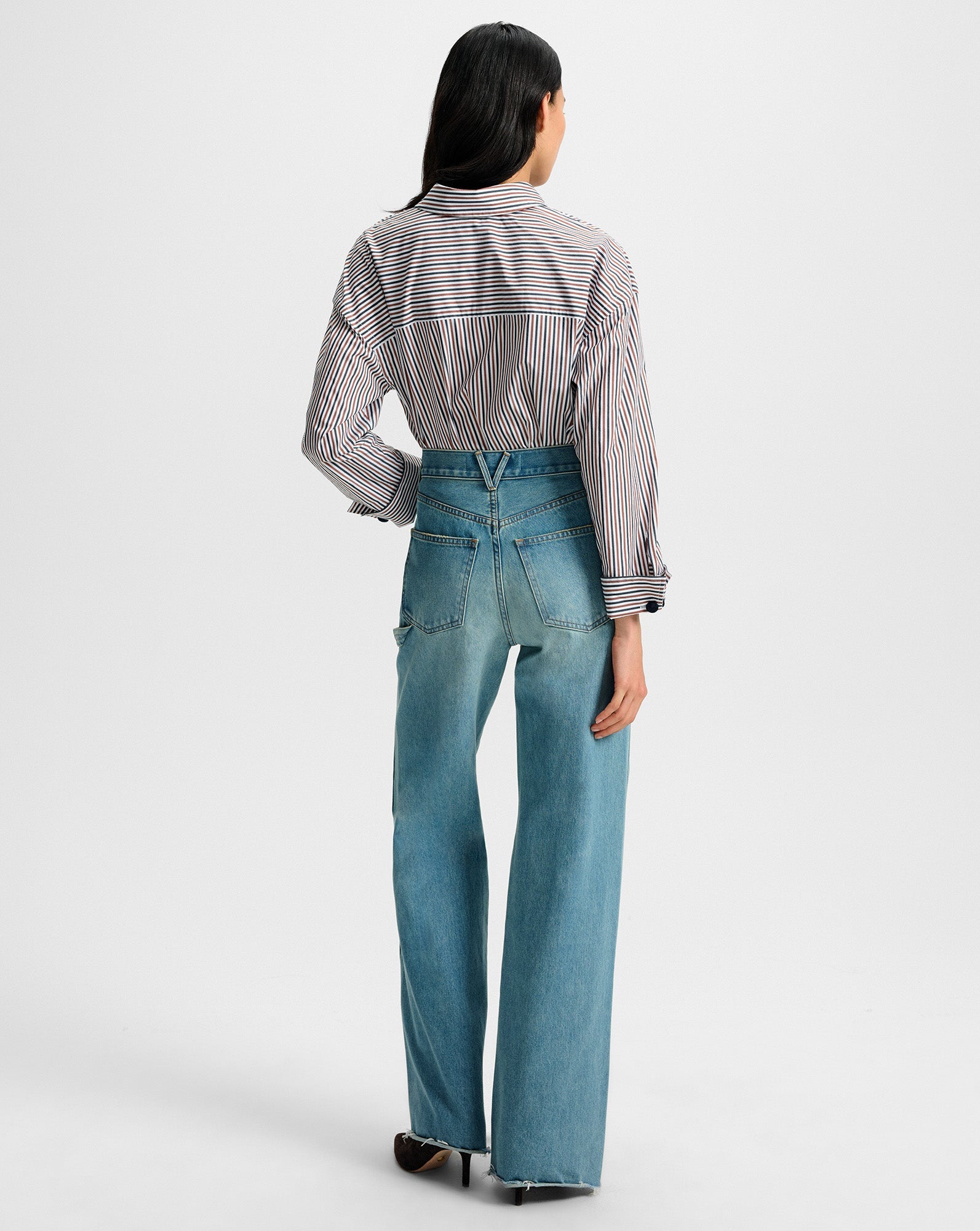 DRAYMOND STRIPED CUFF SLEEVE SHIRT IN NAVY/BRANDY MULTI - Romi Boutique