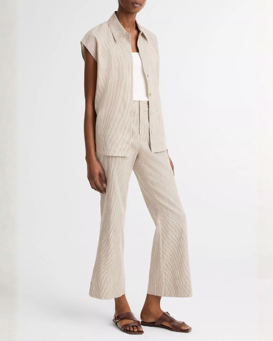 TICKING STRIPE LINEN-COTTON LOW-RISE CROP FLARE TROUSER - Romi Boutique