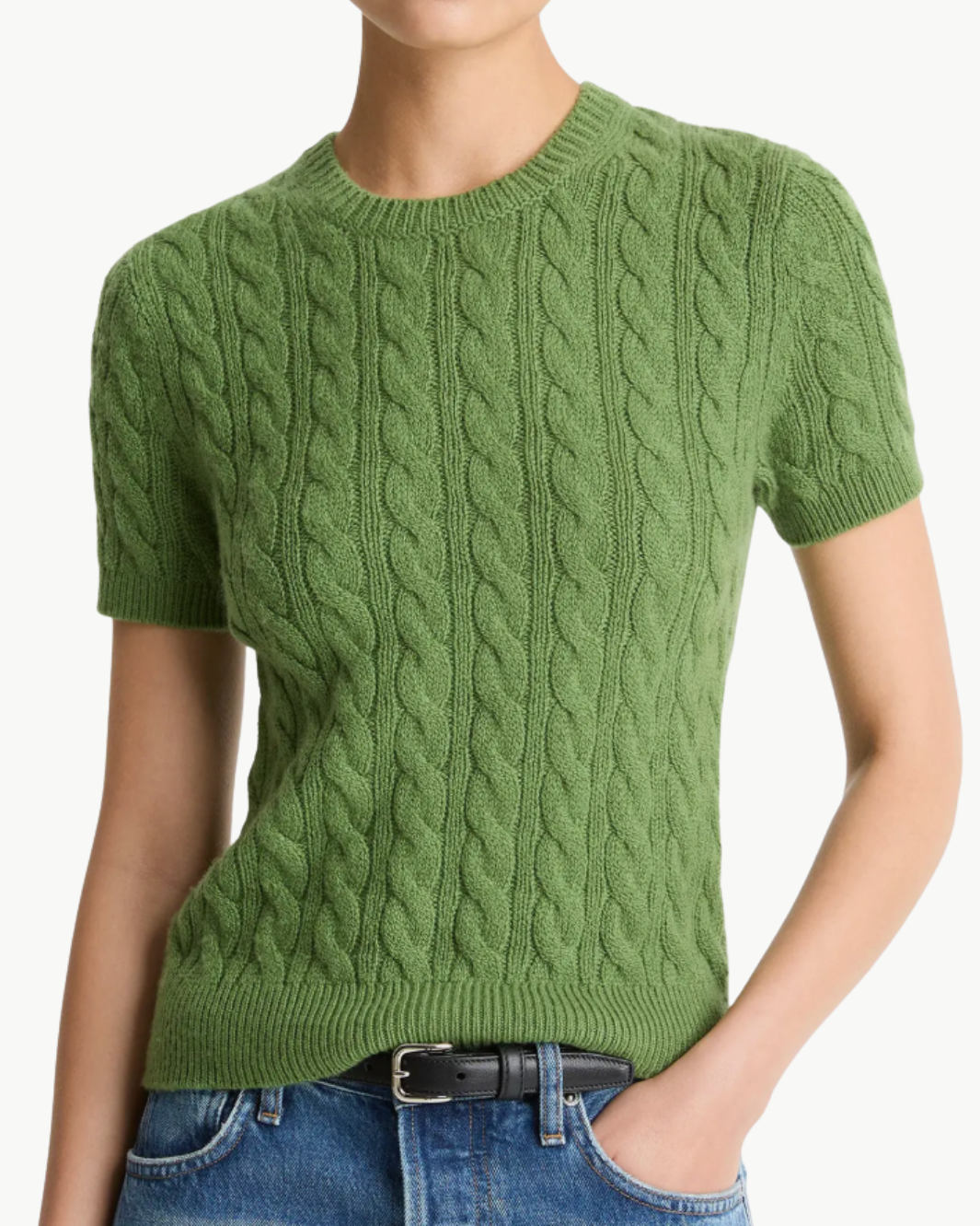 CASHMERE BLEND CABLE KNIT TEE IN CLOVER - Romi Boutique