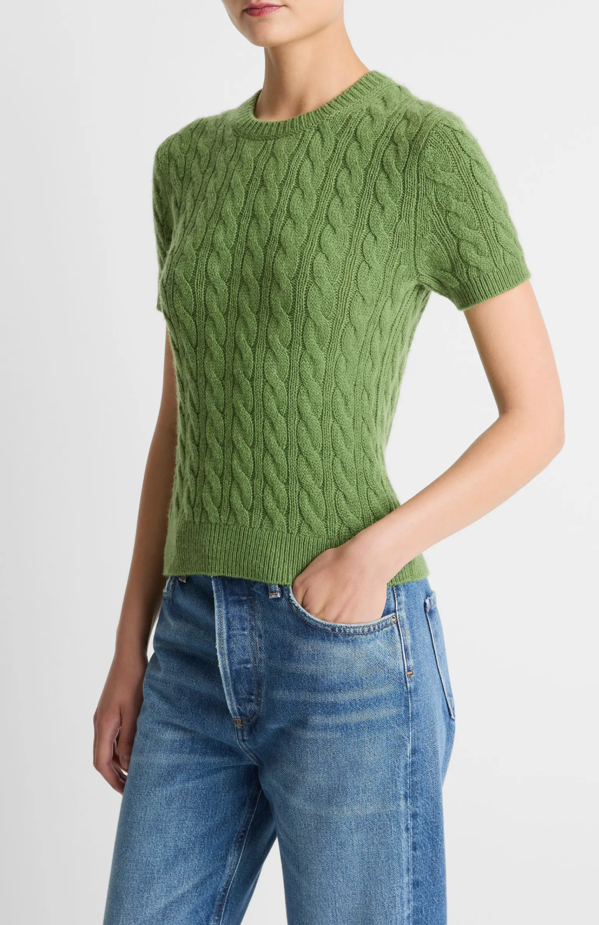 CASHMERE BLEND CABLE KNIT TEE IN CLOVER - Romi Boutique