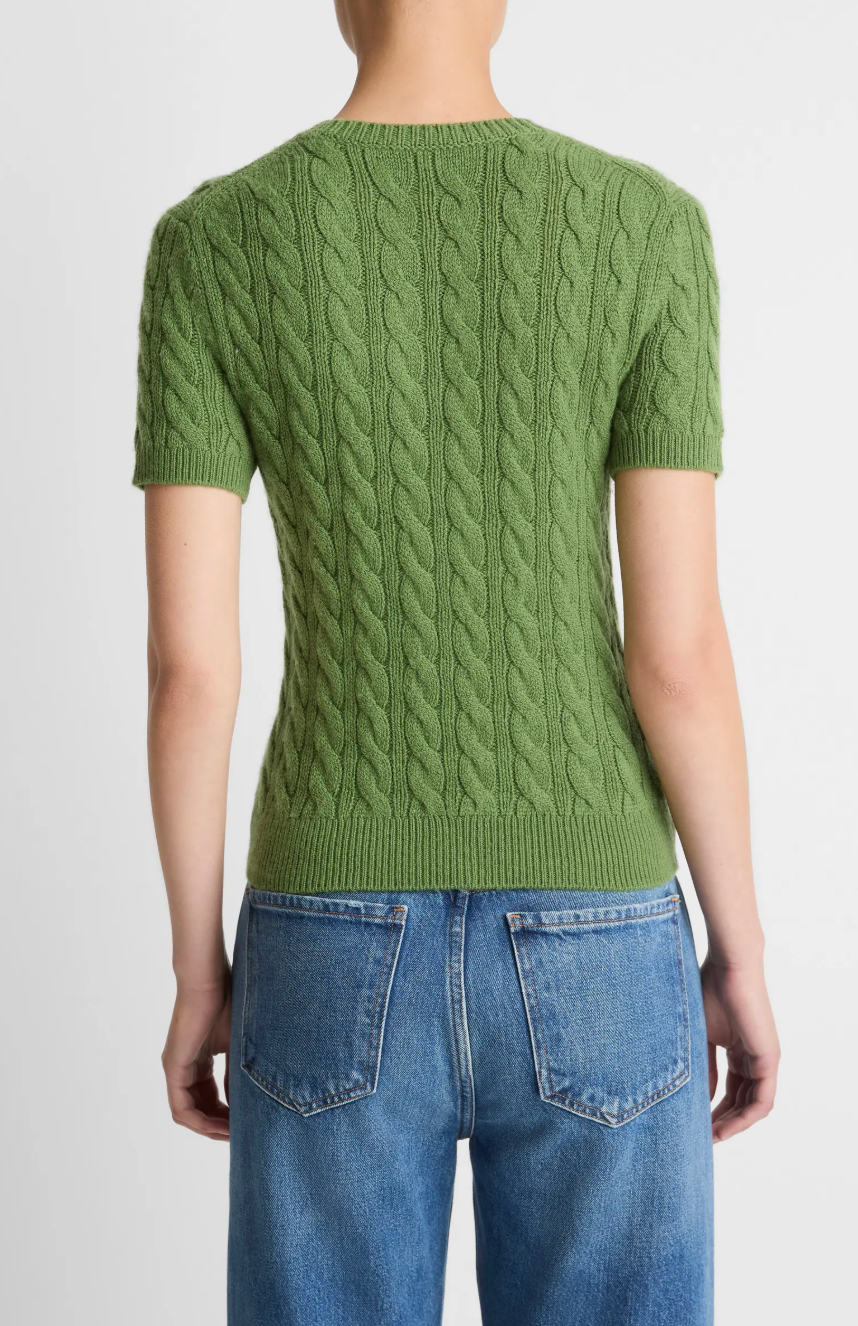 CASHMERE BLEND CABLE KNIT TEE IN CLOVER - Romi Boutique