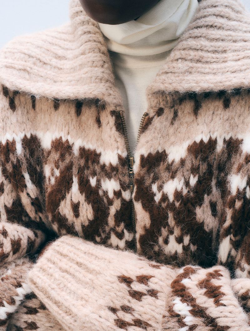 ALPACA BLEND FAIR ISLE BOMBER IN BROWN COMBO - Romi Boutique