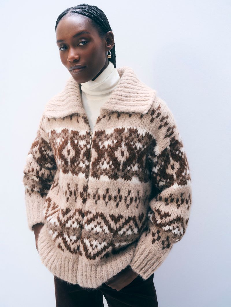 ALPACA BLEND FAIR ISLE BOMBER IN BROWN COMBO - Romi Boutique