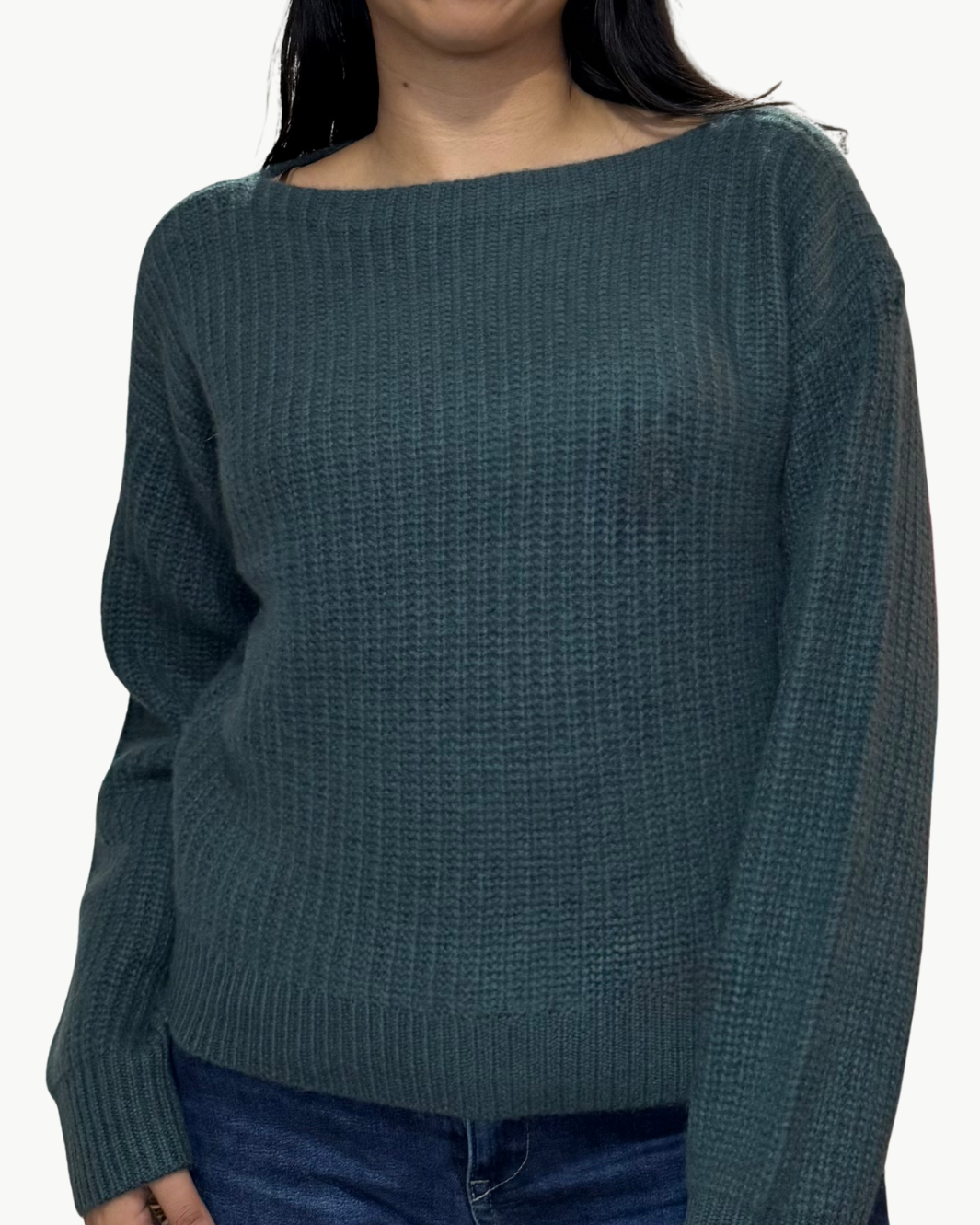 CASHMERE RIBBED BOATNECK IN JUNIPER GREEN - Romi Boutique