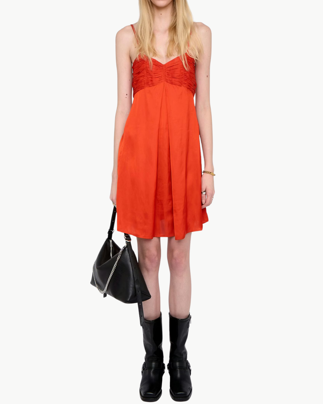RIPPIES SATIN DRESS IN TANGERINE - Romi Boutique