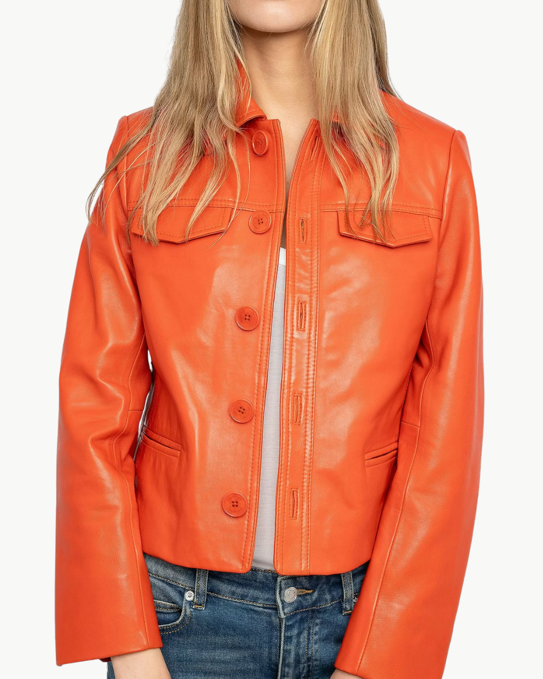 LIAM LEATHER JACKET IN TANGERINE - Romi Boutique