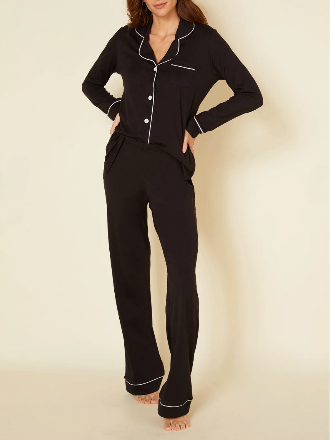 BELLA LONG SLEEVE TOP AND PANT PAJAMA SET IN BLACK / IVORY - Romi Boutique