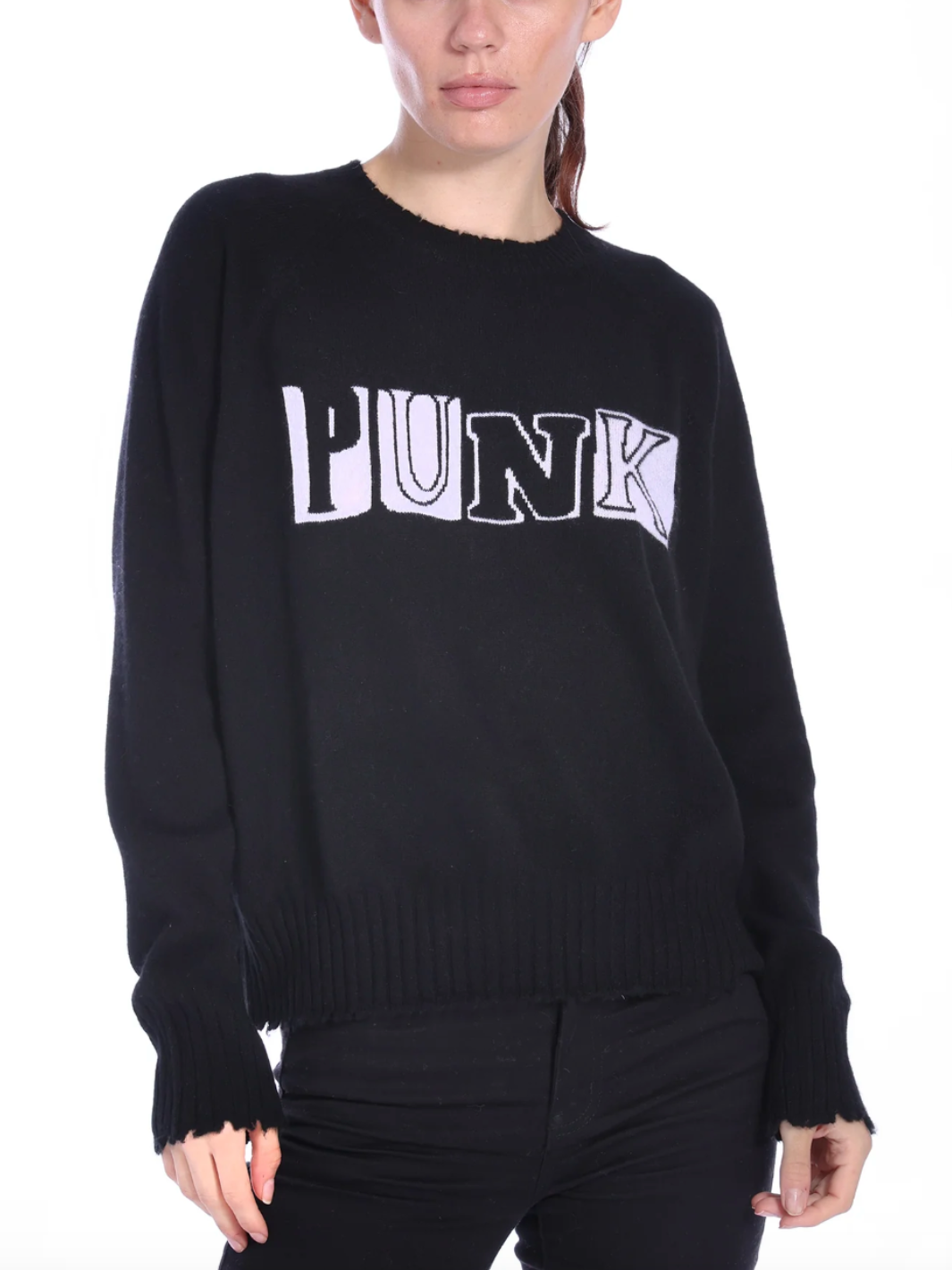 CASHMERE "PUNK'S NOT DEAD" FRAYED CREW IN BLACK / WHITE - Romi Boutique