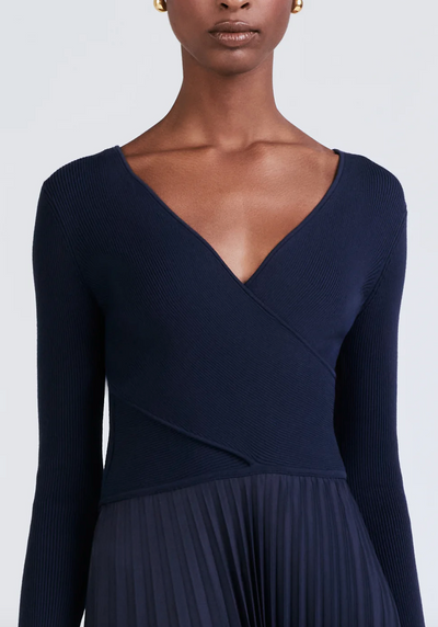 ANIKA WRAP PLEATED SWEATER DRESS IN NAVY - Romi Boutique