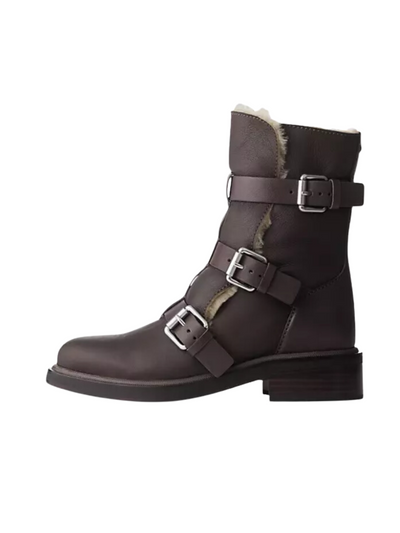 RB MOTO BUCKLE BOOT IN BROWN - Romi Boutique