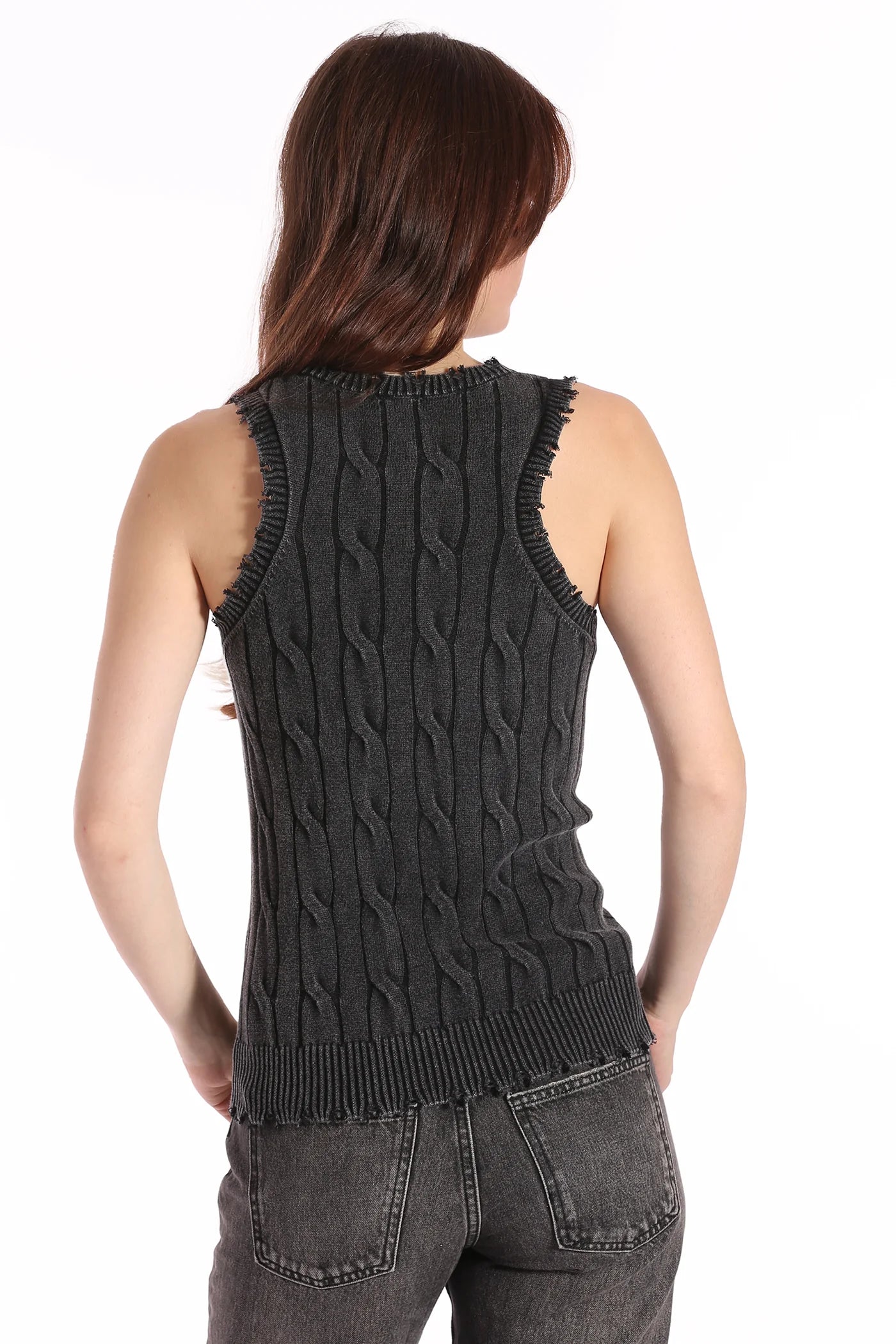 COTTON STONE WASH DISTRESSED CABLE TANK IN BLACK - Romi Boutique