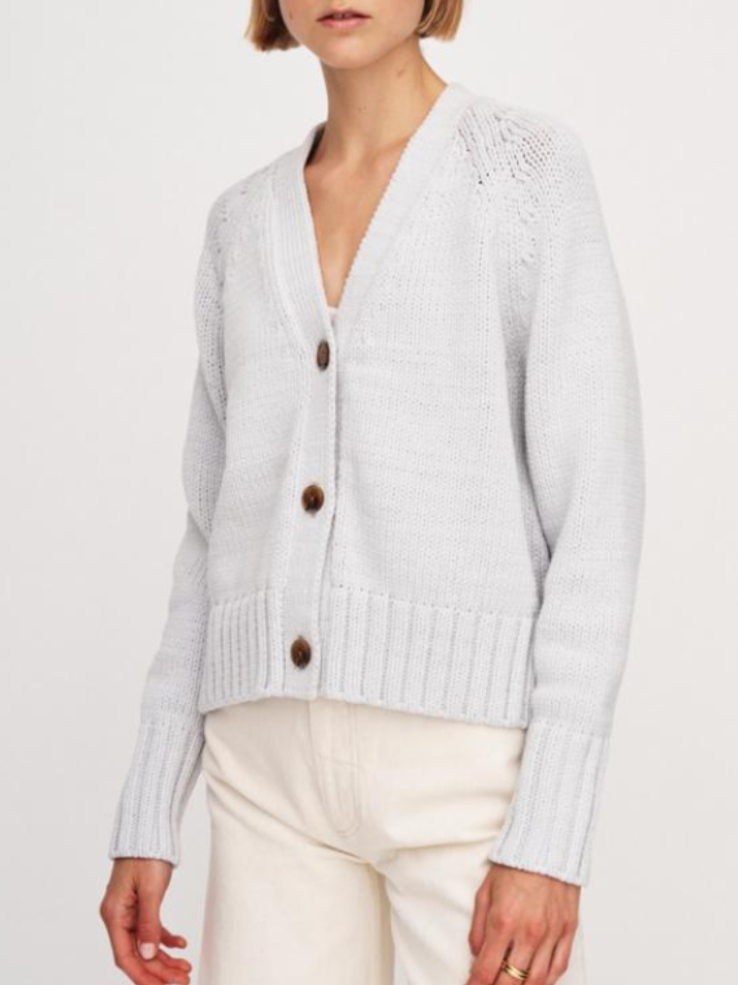 COTTON ROPE BUTTON CARDIGAN IN PALE GREY CORD - Romi Boutique