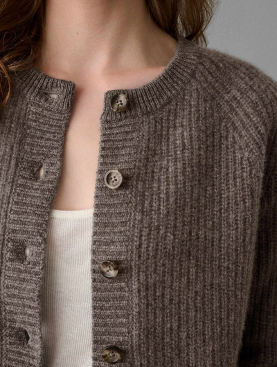 CASHMERE RIBBED BUTTON CARDIGAN IN DRIFTWOOD HEATHER - Romi Boutique