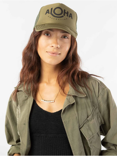 ALOHA TRUCKER HAT IN BLACK/KHAKI GREEN - Romi Boutique