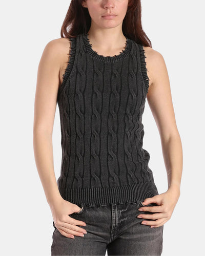 COTTON STONE WASH DISTRESSED CABLE TANK IN BLACK - Romi Boutique