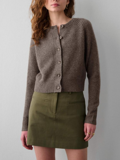 CASHMERE RIBBED BUTTON CARDIGAN IN DRIFTWOOD HEATHER - Romi Boutique