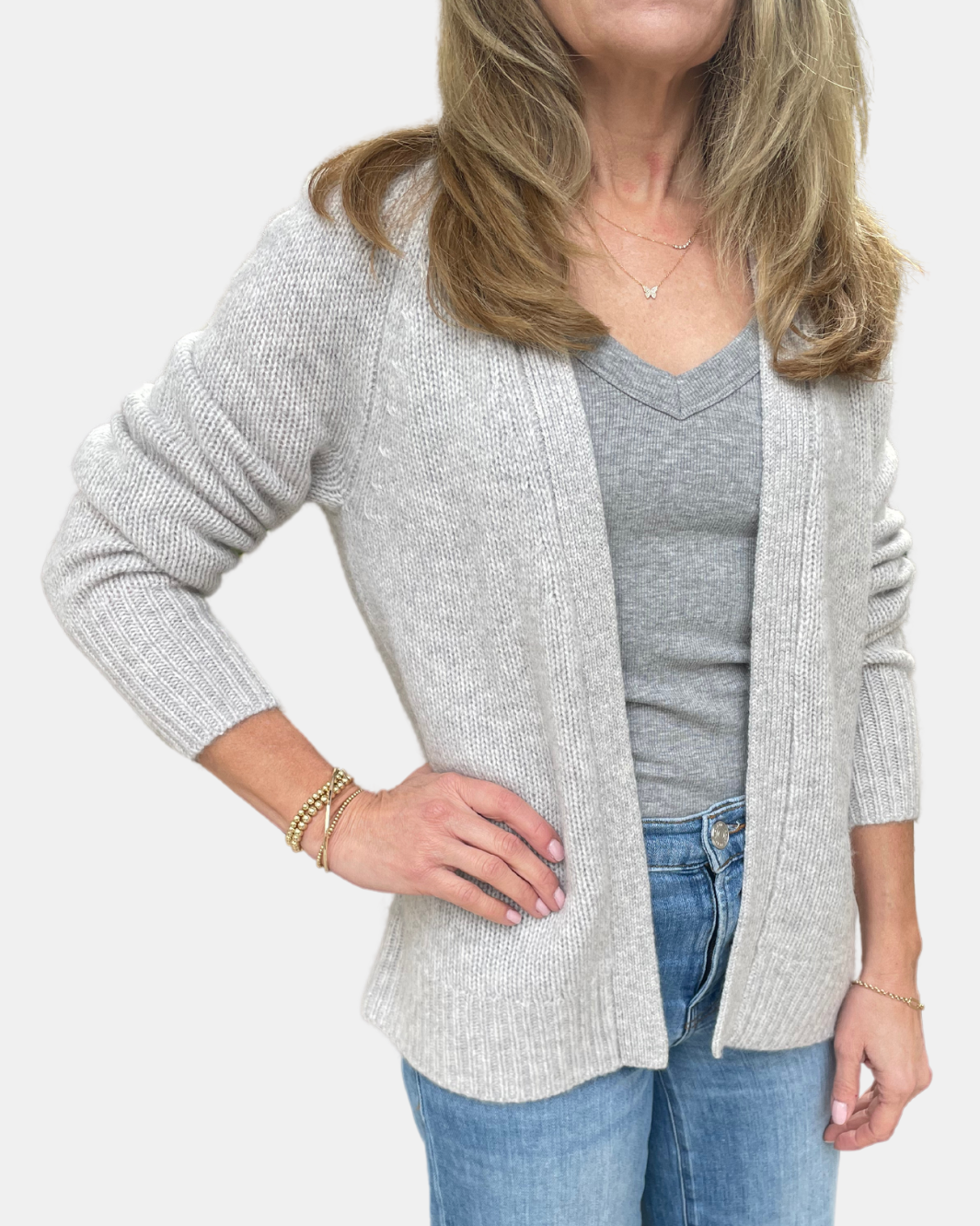 CASHMERE FEATHERWEIGHT OPEN CARDI IN MISTY GREY HEATHER - Romi Boutique
