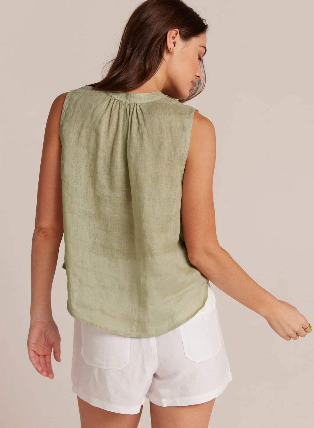 SLEEVELESS SHIRRED SHOULDER BLOUSE IN PALE PALM - Romi Boutique