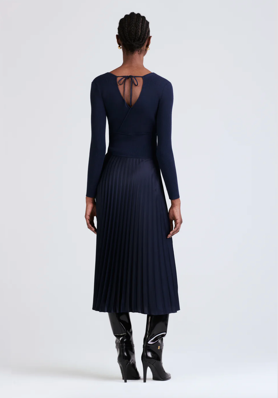 ANIKA WRAP PLEATED SWEATER DRESS IN NAVY - Romi Boutique