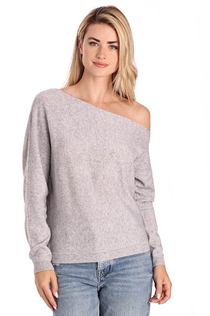 COTTON CASHMERE OFF THE SHOULDER TOP IN LIGHT HEATHER GREY | Romi