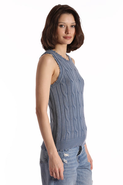 COTTON STONE WASH DISTRESSED CABLE TANK IN FRESCO BLUE - Romi Boutique