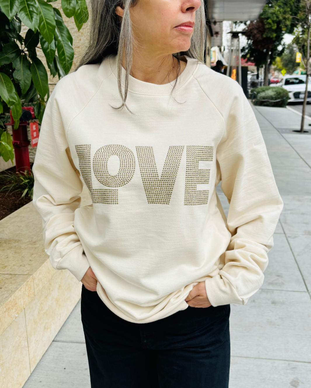 LOVE CHAMPAGNE NAILHEADS SWEATSHIRT IN VINTAGE IVORY - Romi Boutique