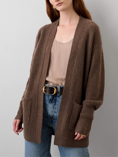 CASHMERE RIBBED OPEN CARDIGAN IN MOCHA HEATHER - Romi Boutique