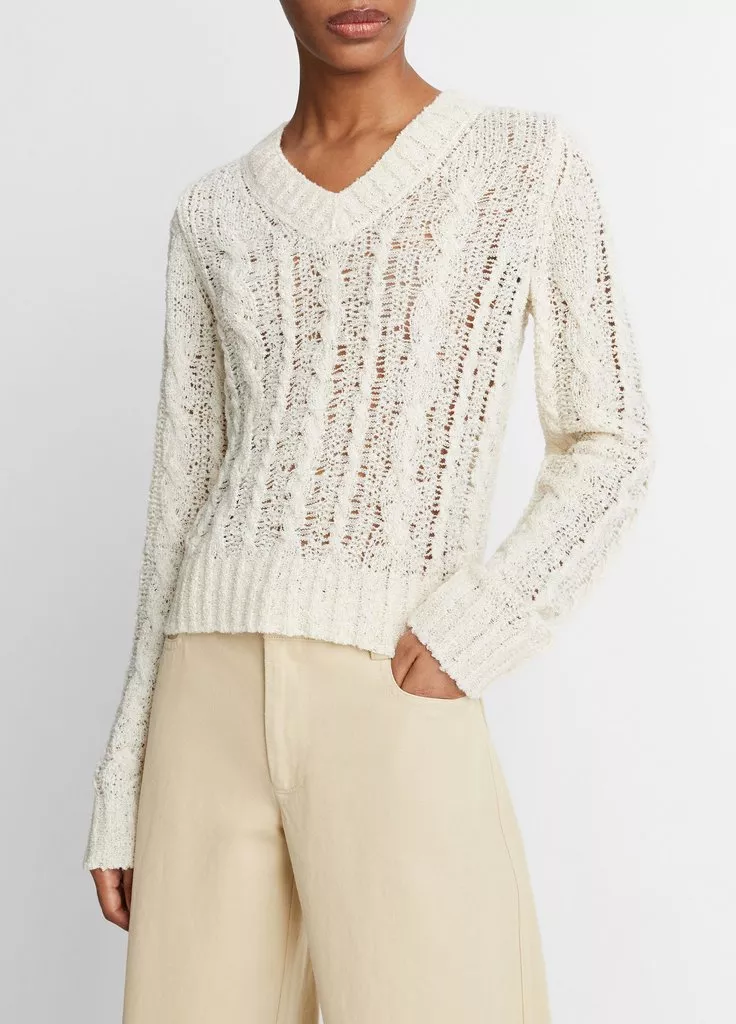 TEXTURED CABLE V NECK IN CREAM - Romi Boutique