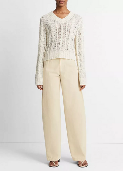 TEXTURED CABLE V NECK IN CREAM - Romi Boutique
