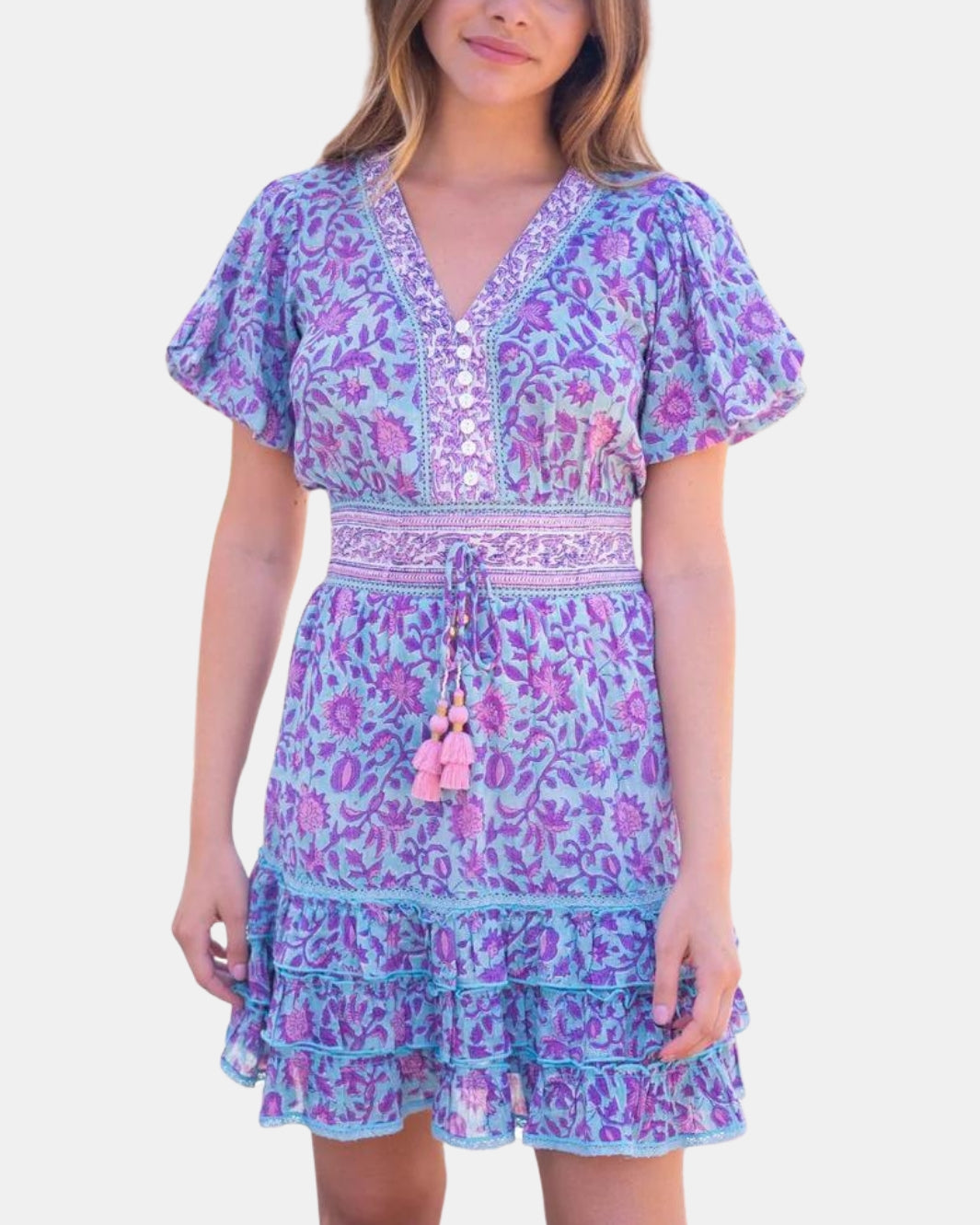 ANNALISE MINI DRESS IN TEAL PURPLE PRINT - Romi Boutique