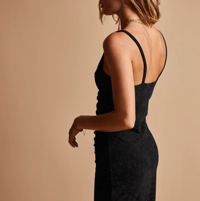 RUCHED FRONT VELVET TANK DRESS IN BLACK - Romi Boutique
