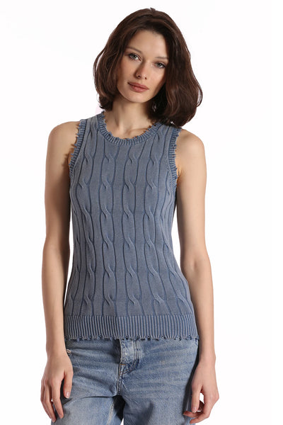 COTTON STONE WASH DISTRESSED CABLE TANK IN FRESCO BLUE - Romi Boutique