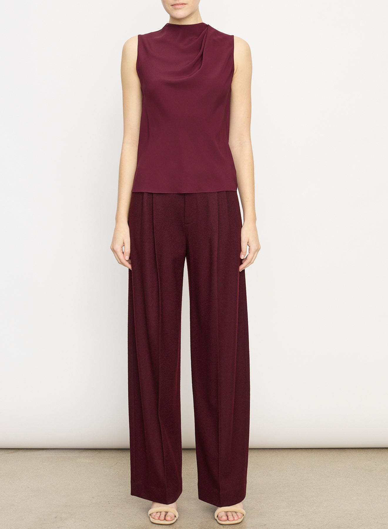 DRAPED CASCADE SLEEVELESS BLOUSE IN CHERRY WINE - Romi Boutique