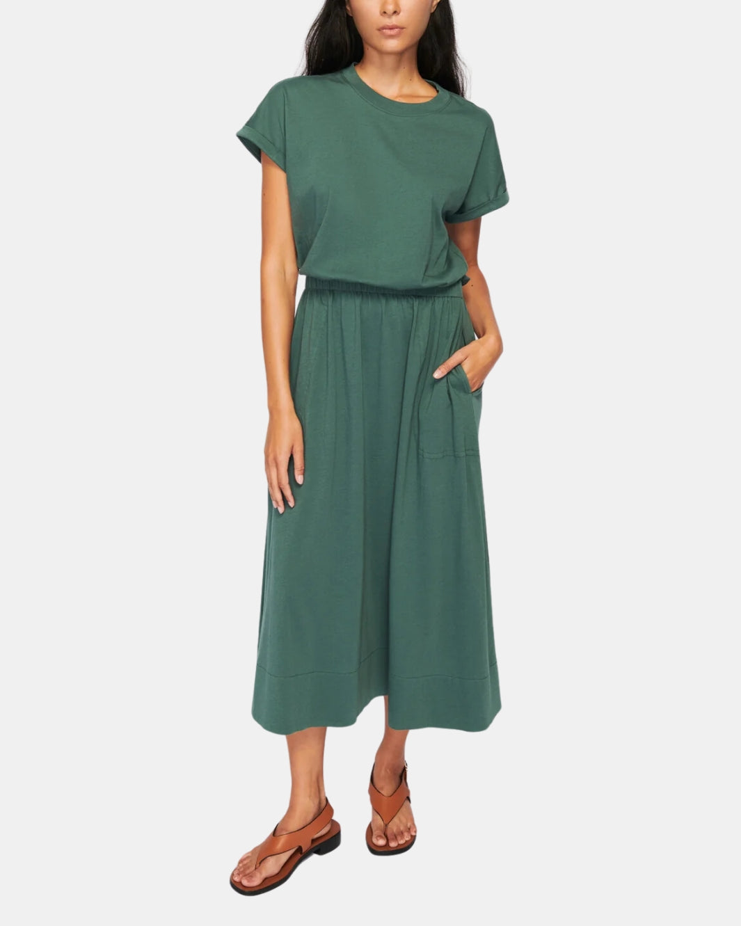 GARCELLE SEAMED T-SHIRT DRESS IN JADE STONE - Romi Boutique