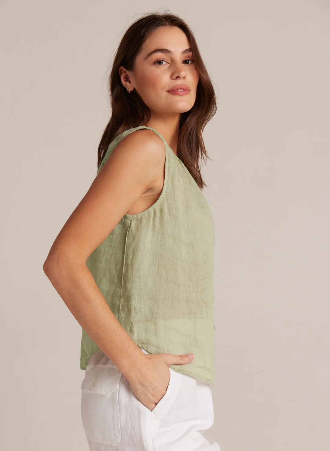 SLEEVELESS SHIRRED SHOULDER BLOUSE IN PALE PALM - Romi Boutique