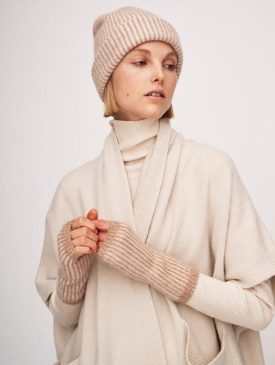 CASHMERE TWO-TONE RIBBED BEANIE IN NEUTRAL COMBO - Romi Boutique