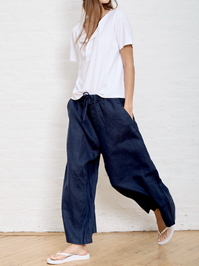 PALAZZO DRAWSTRING UTILITY PANT IN NAVY LINEN - Romi Boutique