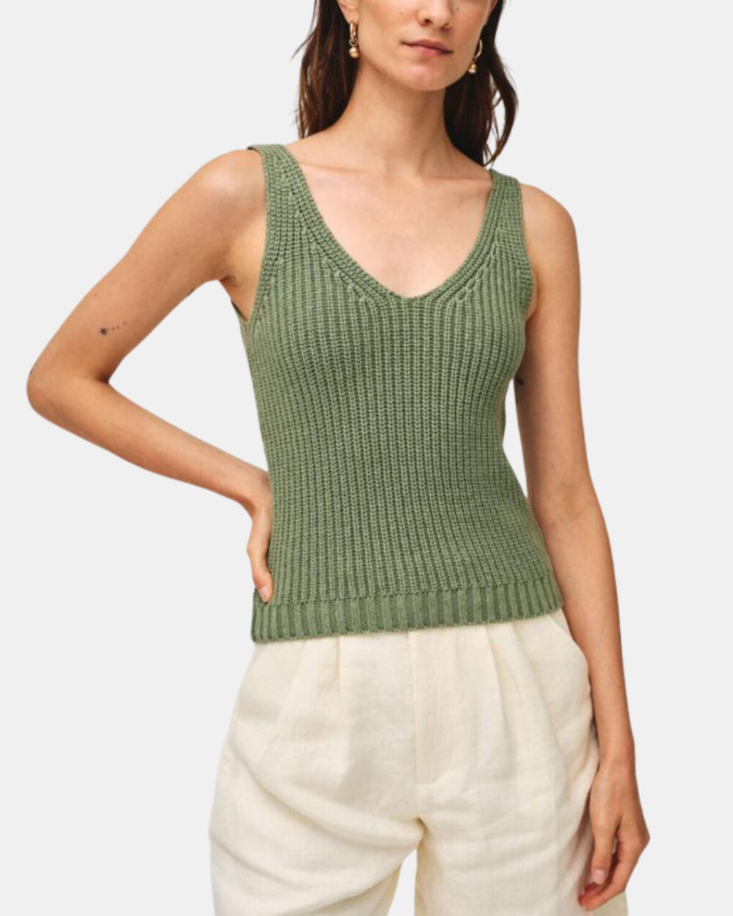 COTTON LINEN RIBBED TANK TOP IN FADED MATCHA - Romi Boutique