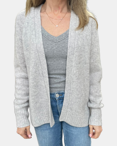 CASHMERE FEATHERWEIGHT OPEN CARDI IN MISTY GREY HEATHER - Romi Boutique