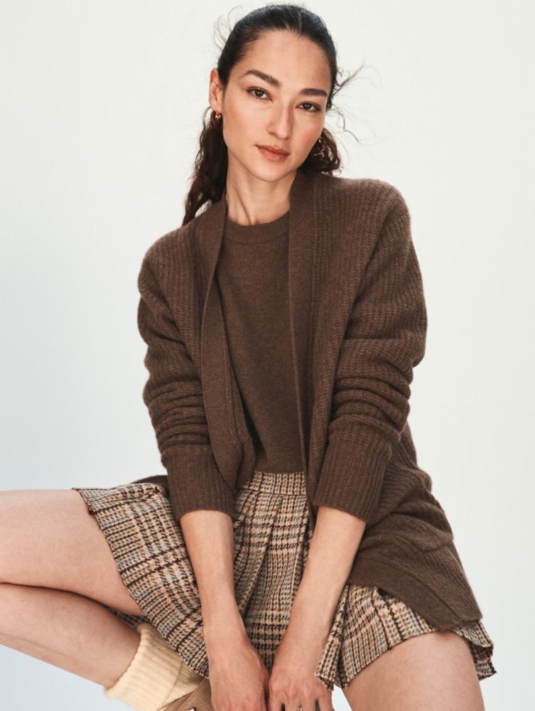 CASHMERE RIBBED OPEN CARDIGAN IN MOCHA HEATHER - Romi Boutique