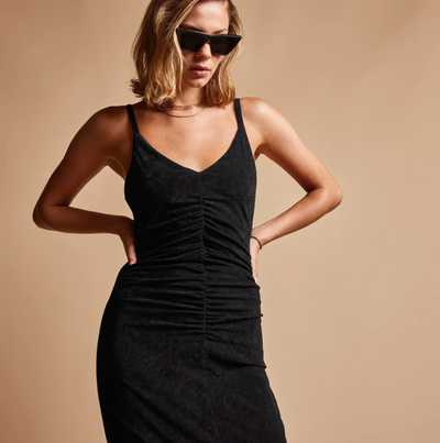 RUCHED FRONT VELVET TANK DRESS IN BLACK - Romi Boutique
