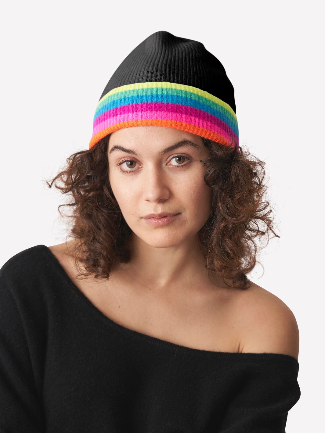 RAINBOW STRIPE HAT IN BLACK W/ NEON RAINBOW - Romi Boutique