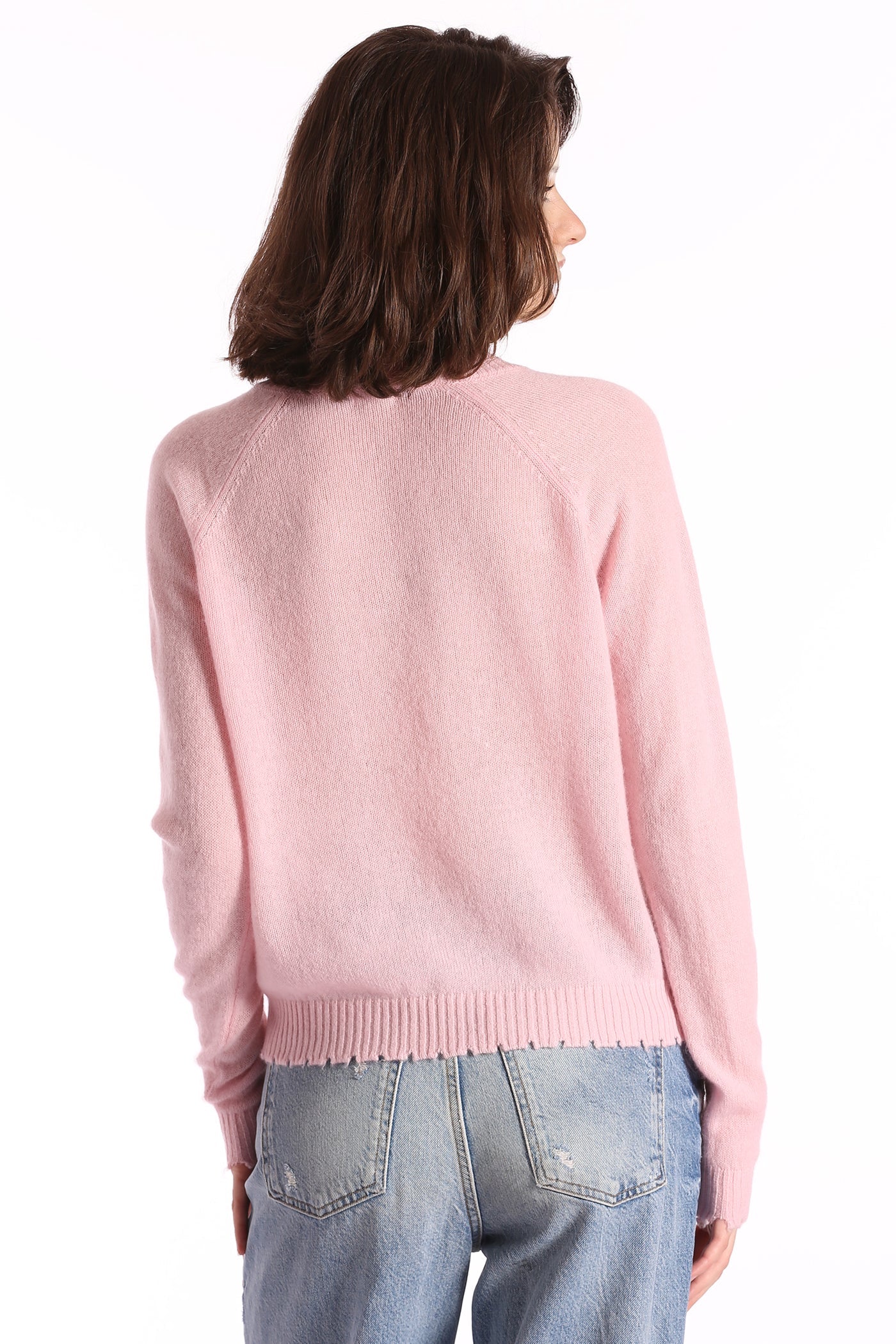 CASHMERE FRAYED EDGE CROPPED V-NECK IN PINK PEARL - Romi Boutique