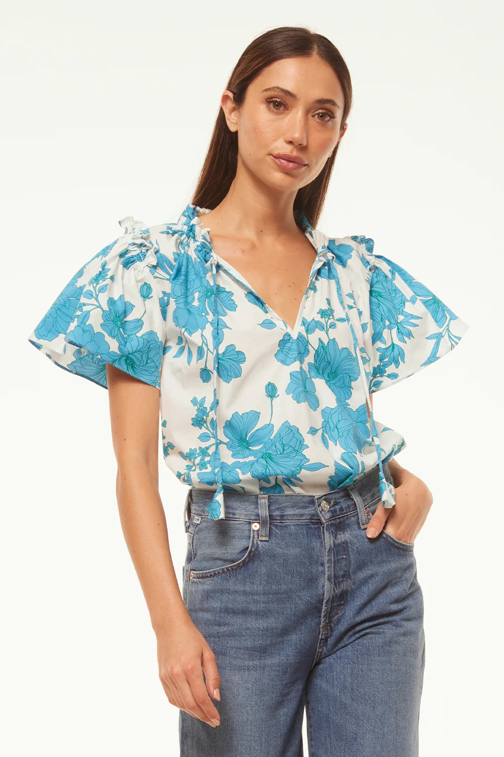 SUPARNA TOP IN TURQUOISE FLORA POPL - Romi Boutique