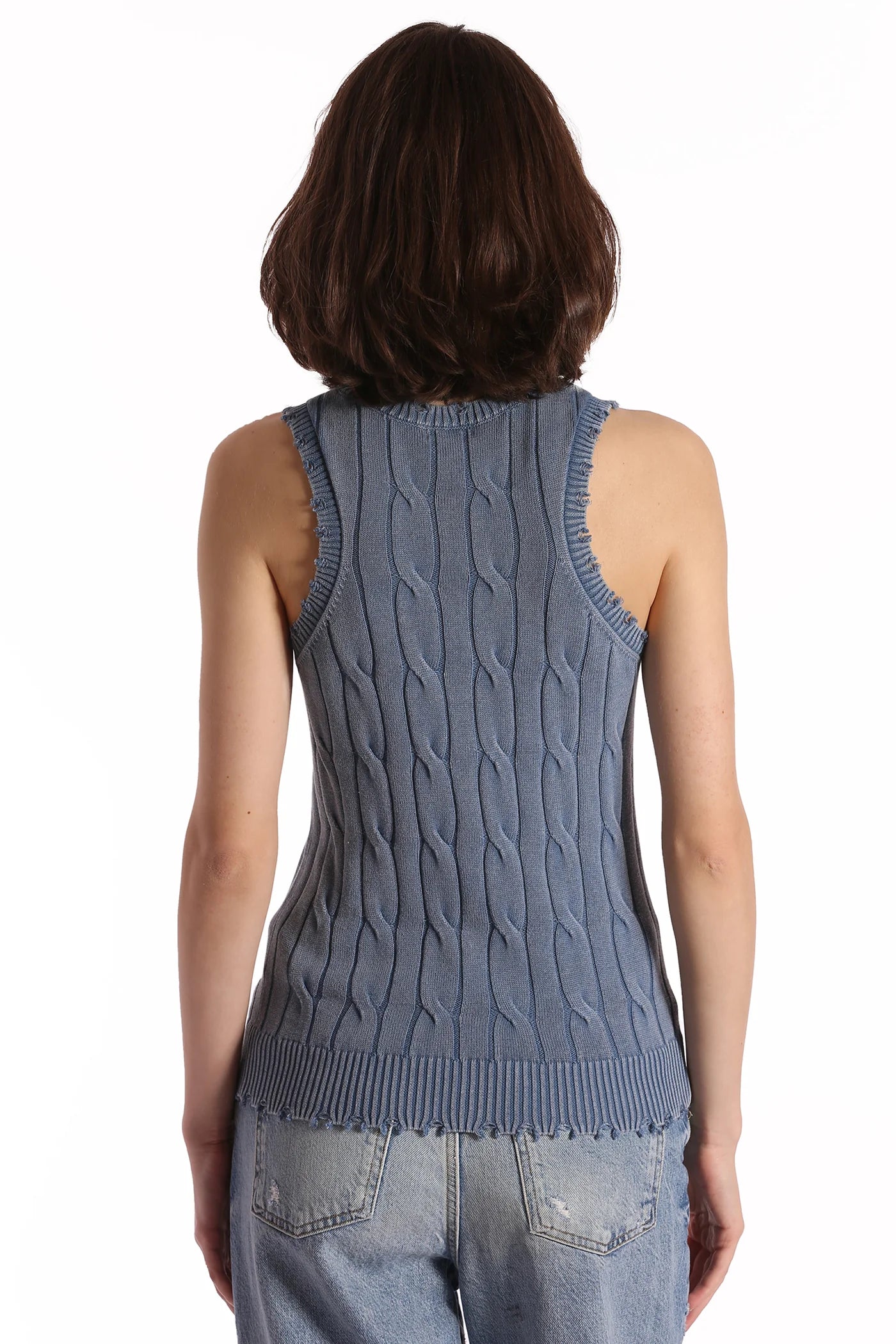 COTTON STONE WASH DISTRESSED CABLE TANK IN FRESCO BLUE - Romi Boutique