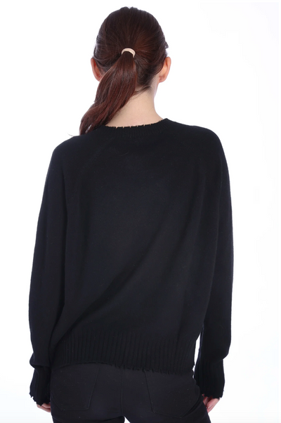 CASHMERE "PUNK'S NOT DEAD" FRAYED CREW IN BLACK / WHITE - Romi Boutique