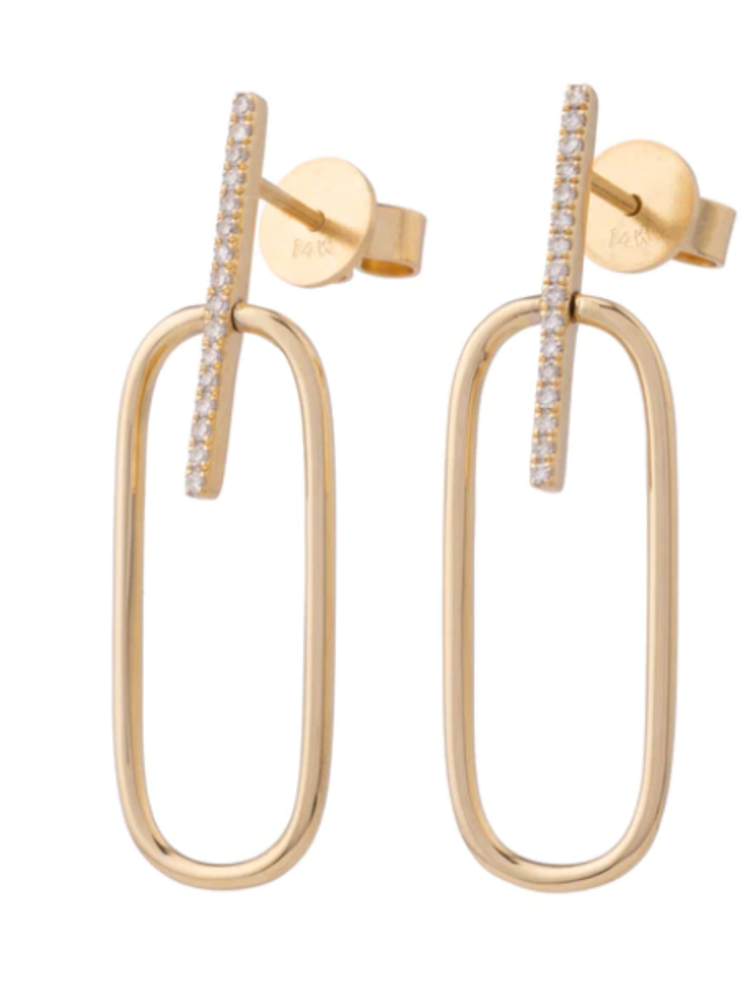 DIAMOND BAR EARRING WITH LARGE PAPER CLIP LINK IN 14K GOLD - Romi Boutique