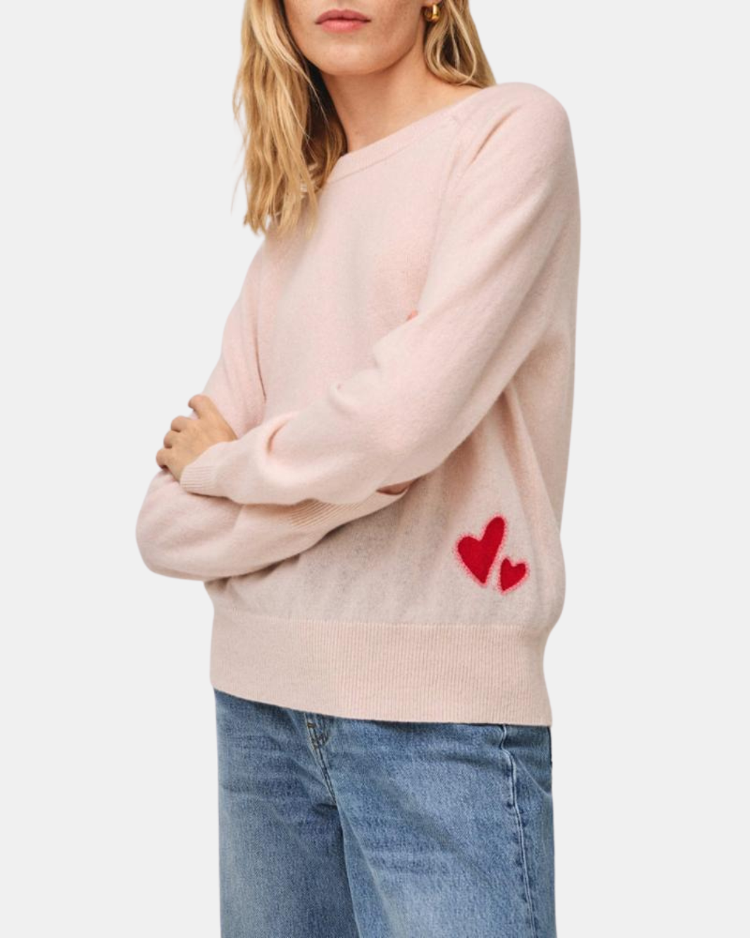 CASHMERE EMBROIDERED HEART SWEATSHIRT IN PINK SAND COMBO - Romi Boutique