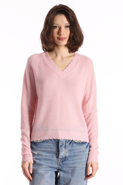 CASHMERE FRAYED EDGE CROPPED V-NECK IN PINK PEARL - Romi Boutique