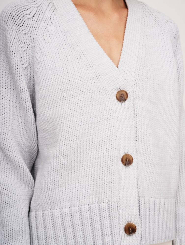 COTTON ROPE BUTTON CARDIGAN IN PALE GREY CORD - Romi Boutique